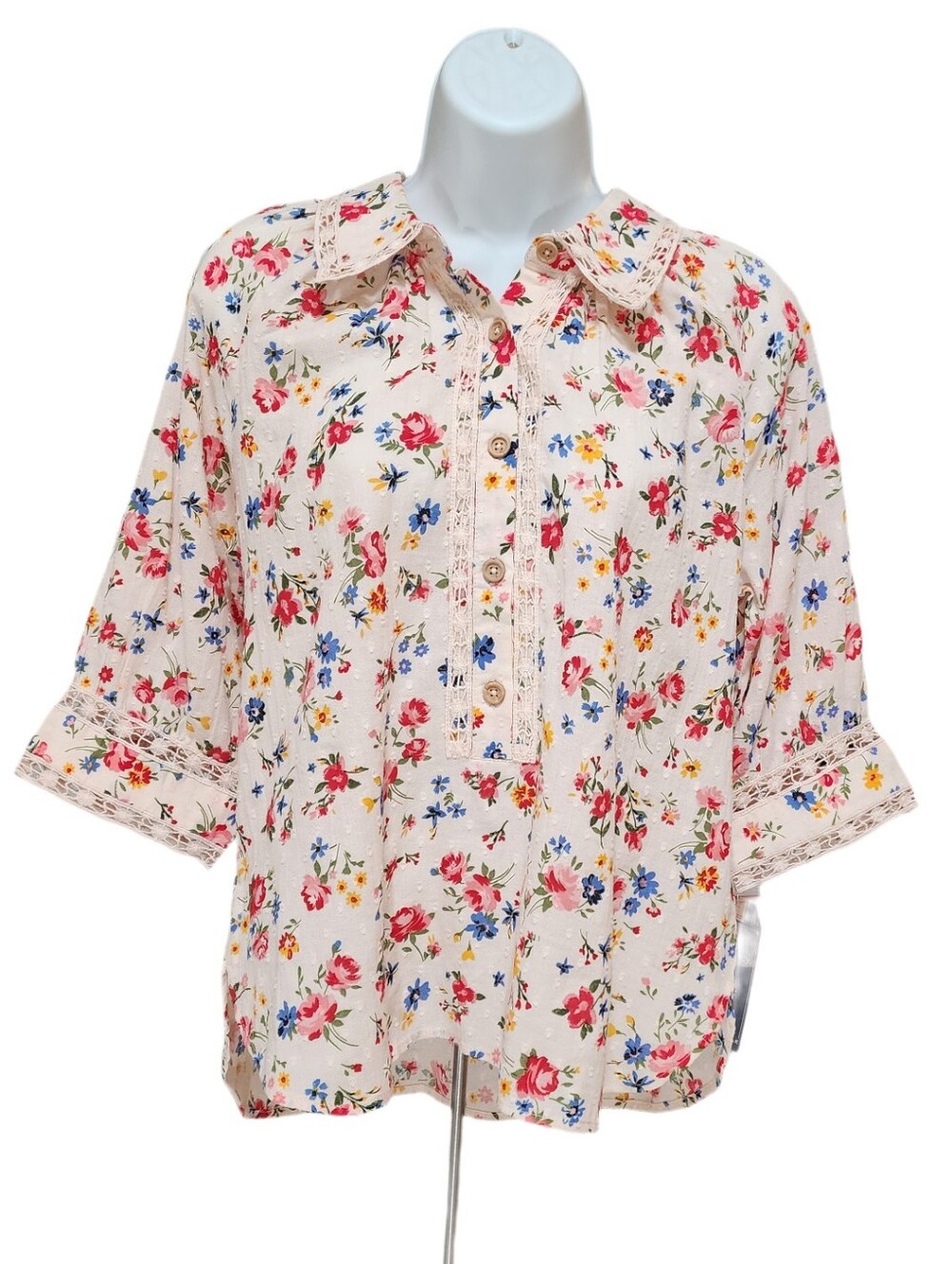 Democracy Floral Print Elbow Sleeve Crochet Collar Button Down Boho Woven Top S
